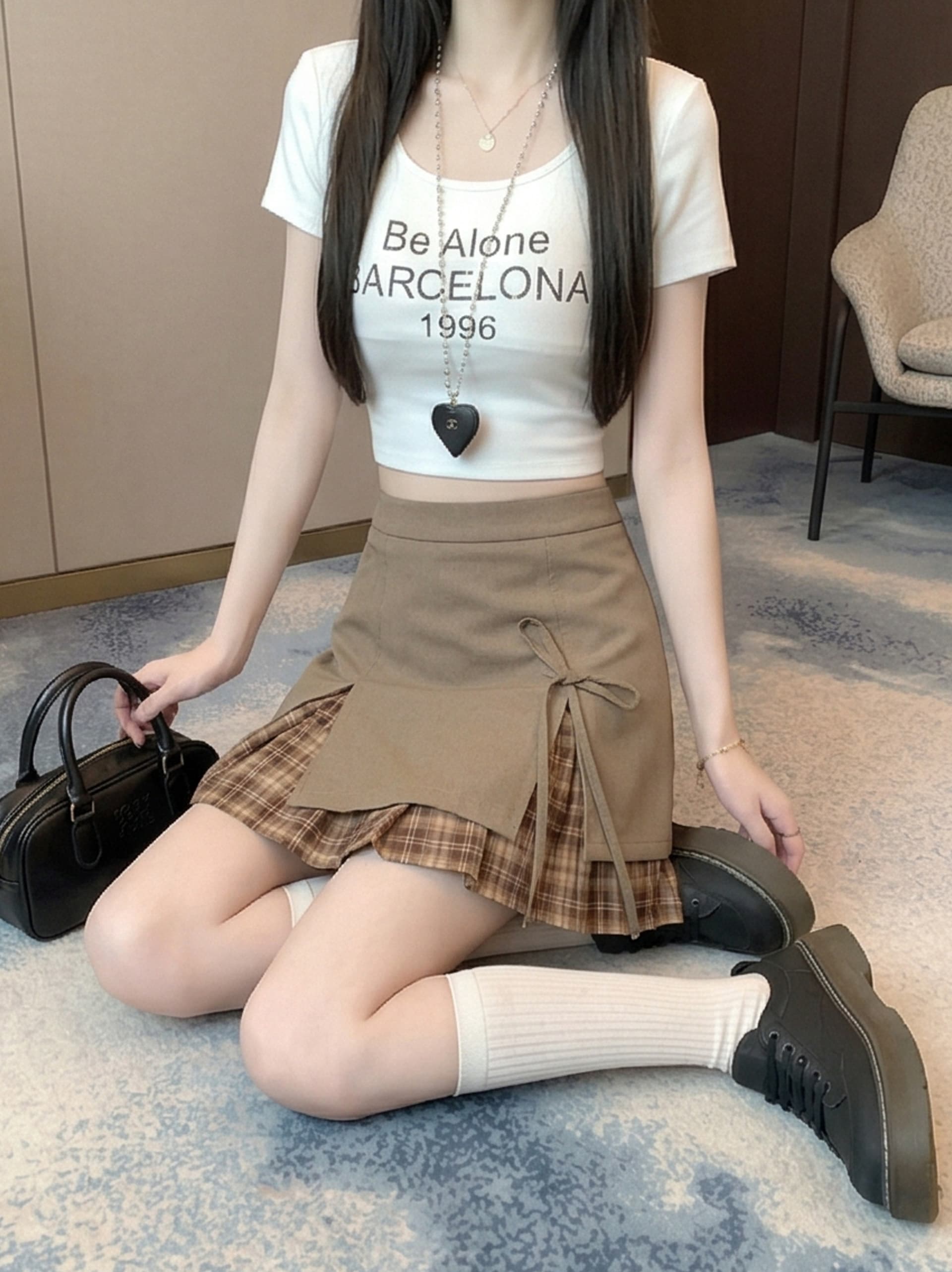 실사 2026 새로운 체크무늬 반신 스커트 트임 정장 패치워크 미니 스커트 슬림해 보이는 패션 A라인 스커트 상세 이미지 11