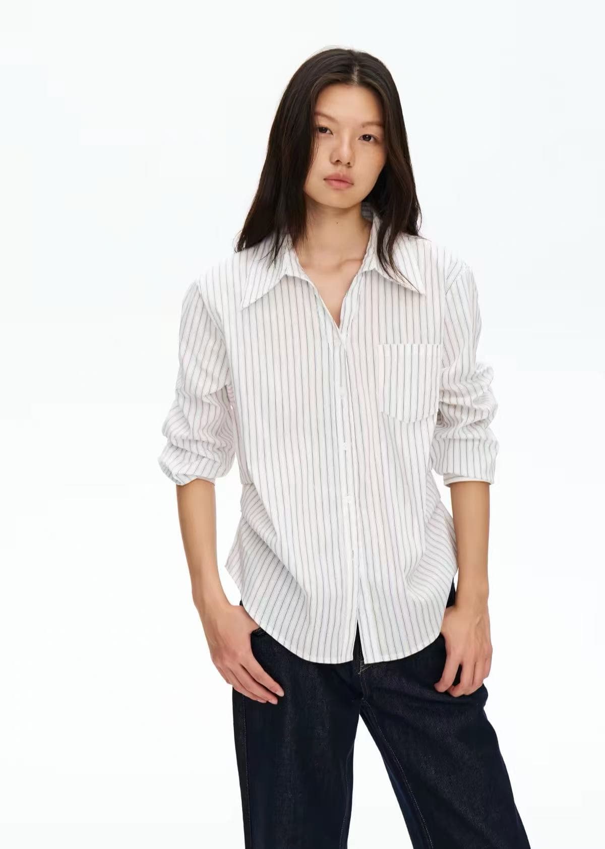 스트라이프 화이트 폴로 칼라 허리 명중 Pleat 여성 셔츠 루즈핏 캐주얼 품격 긴팔 셔츠 맨위 가을 상세 이미지 2