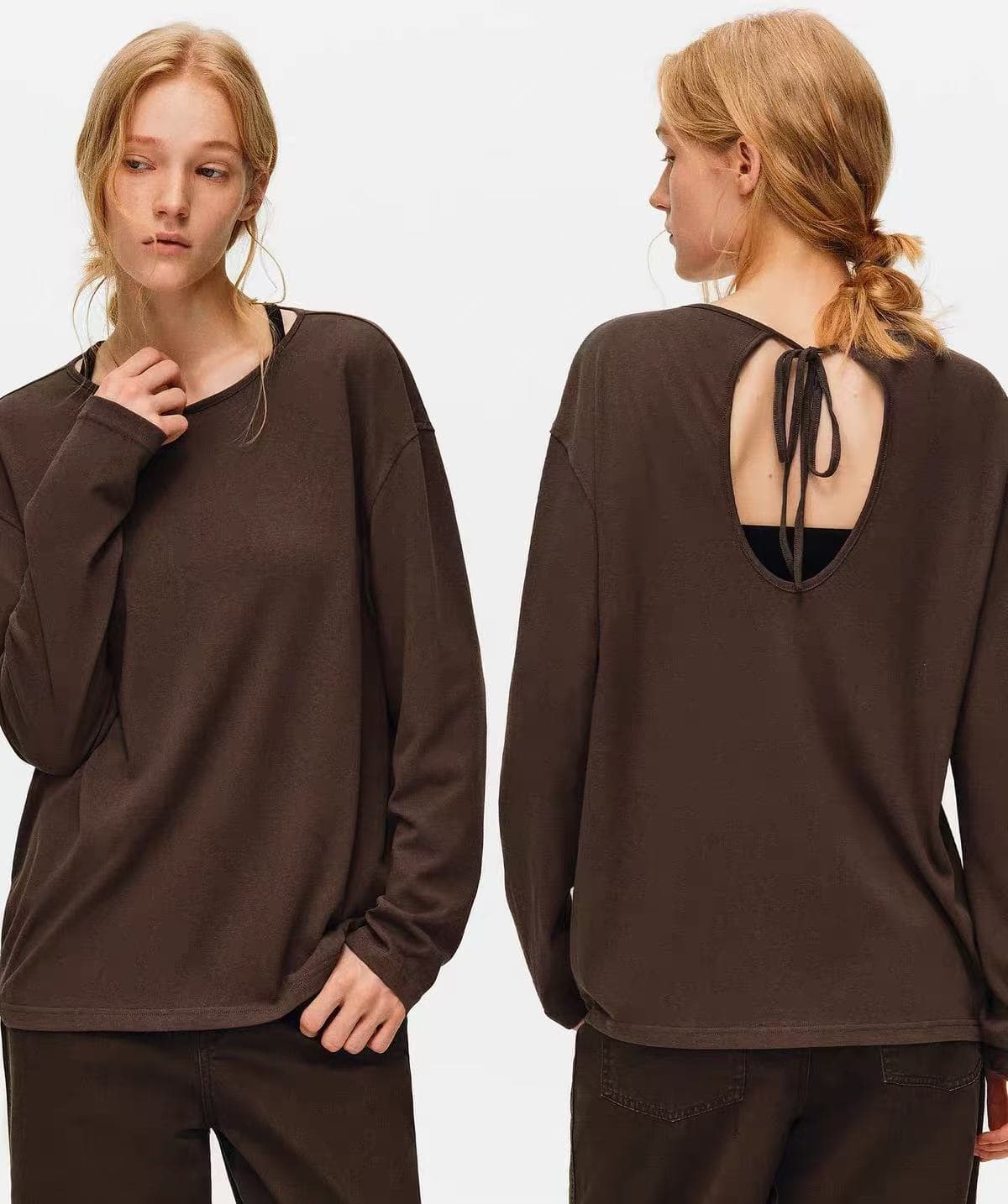 basic wear 현대 휴가 센스 뒤로 홀로우 아웃 스트랩 긴팔 티셔츠 루즈핏 라운드 넥 맨위 상세 이미지 1