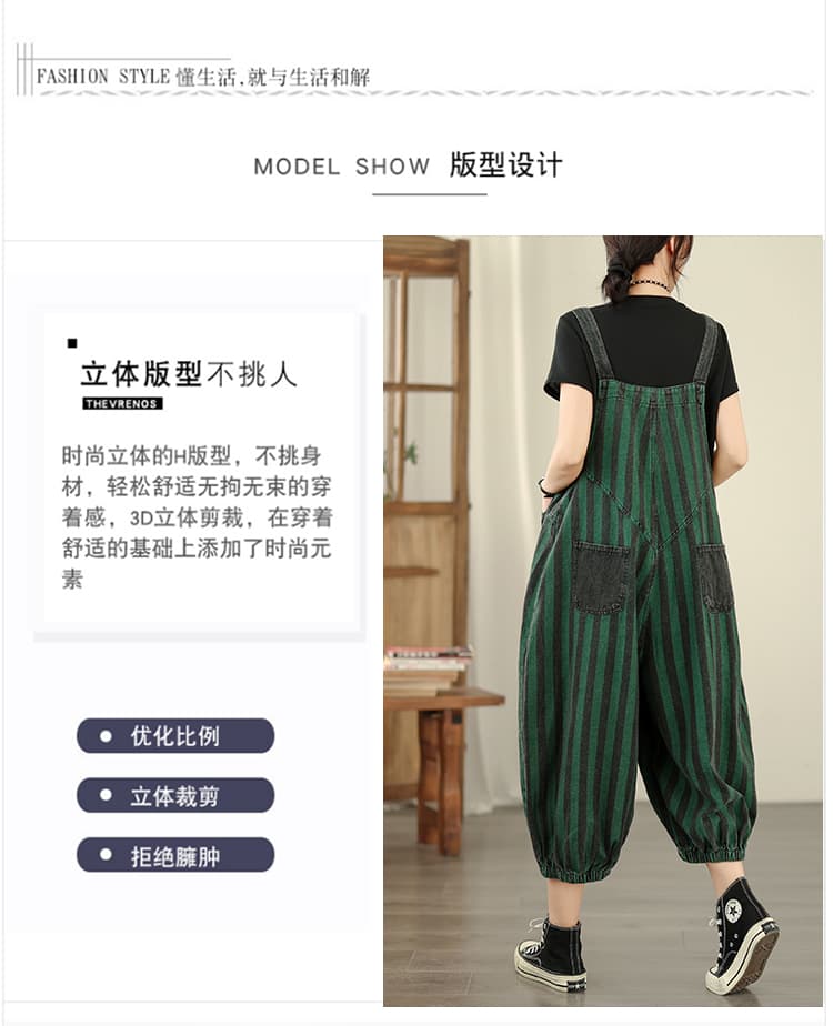 실사 빅 사이즈 봄 여름 새로운 레트로 데님 얇은 스타일 캐주얼 스트라이프 멜빵 9 분 바지 상세 이미지 2