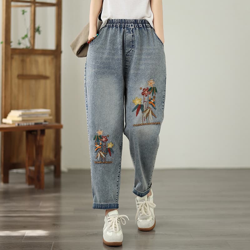 실사 새로운 빅 사이즈 루즈핏 캐주얼 패션 문예 다용도 자수 할란 아빠 청바지 이미지 2