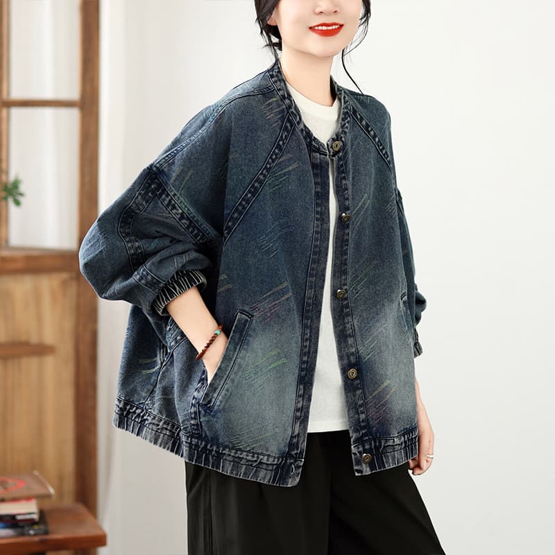 실사 가을 빅 사이즈 루즈핏 캐주얼 프린트 데님 다용도 쇼트 스타일 카디건 코트 이미지 3