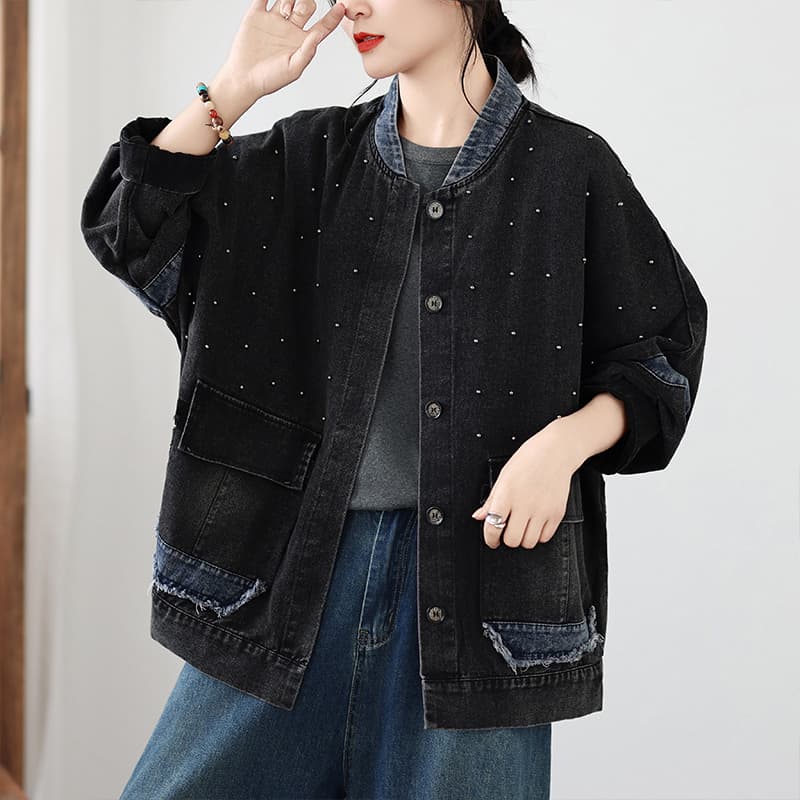 실사 가을 빅 사이즈 루즈핏 캐주얼 다용도 비즈 박기 데님 쇼트 스타일 카디건 코트 이미지 2