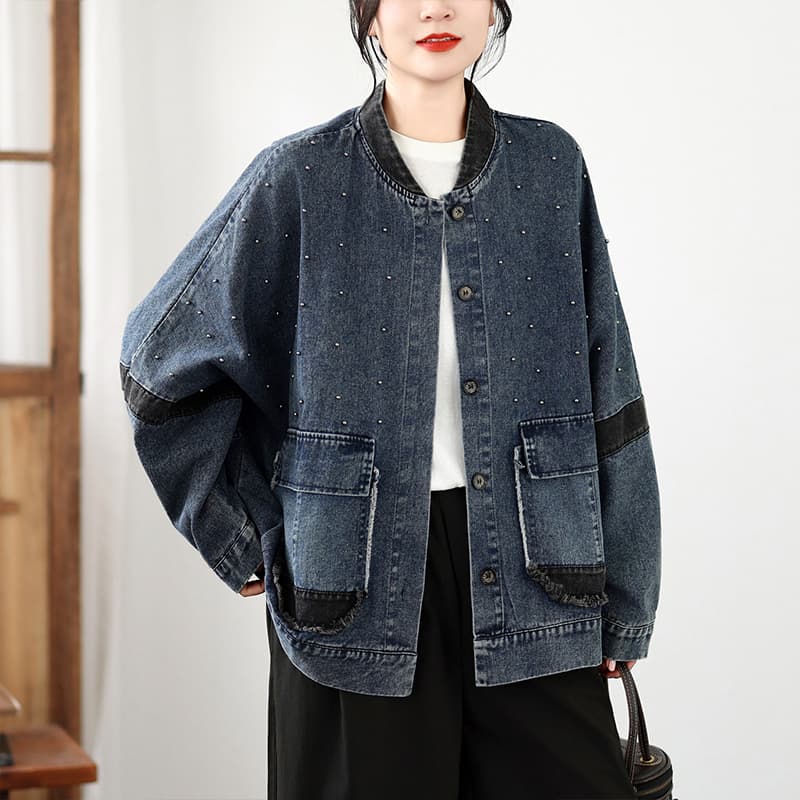 실사 가을 빅 사이즈 루즈핏 캐주얼 다용도 비즈 박기 데님 쇼트 스타일 카디건 코트 이미지 3
