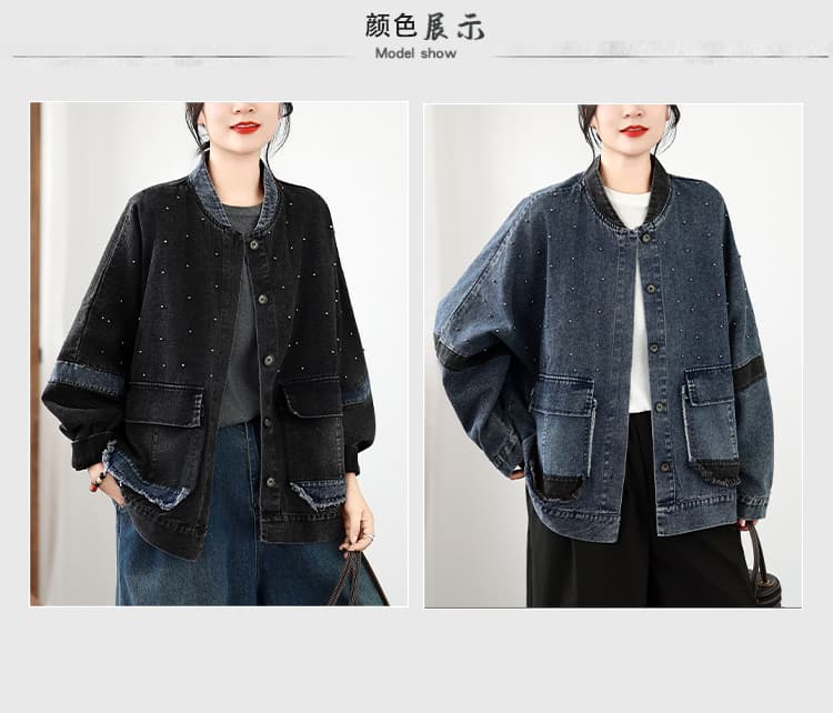 실사 가을 빅 사이즈 루즈핏 캐주얼 다용도 비즈 박기 데님 쇼트 스타일 카디건 코트 상세 이미지 8