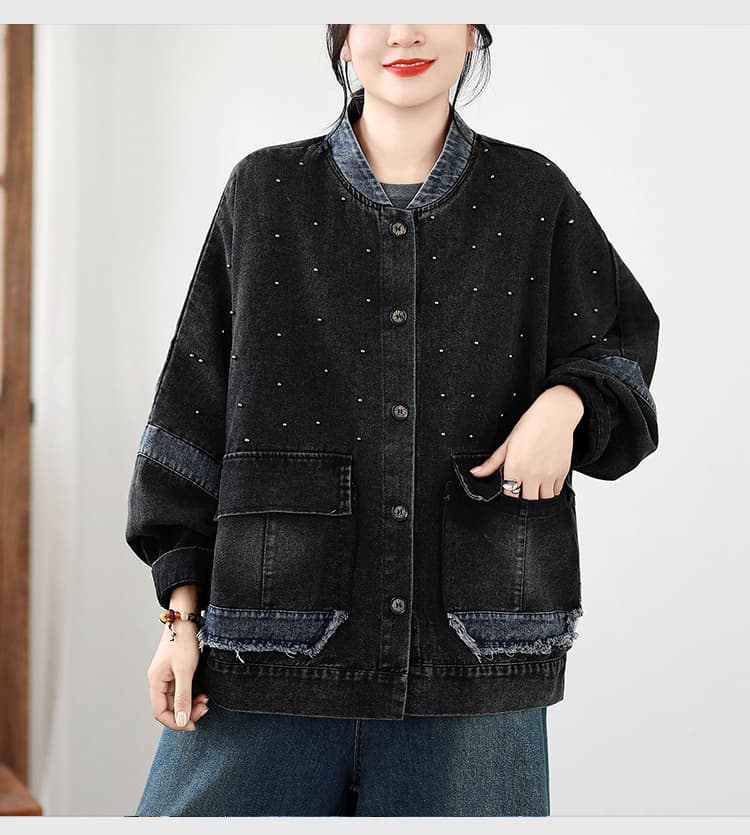 실사 가을 빅 사이즈 루즈핏 캐주얼 다용도 비즈 박기 데님 쇼트 스타일 카디건 코트 상세 이미지 11