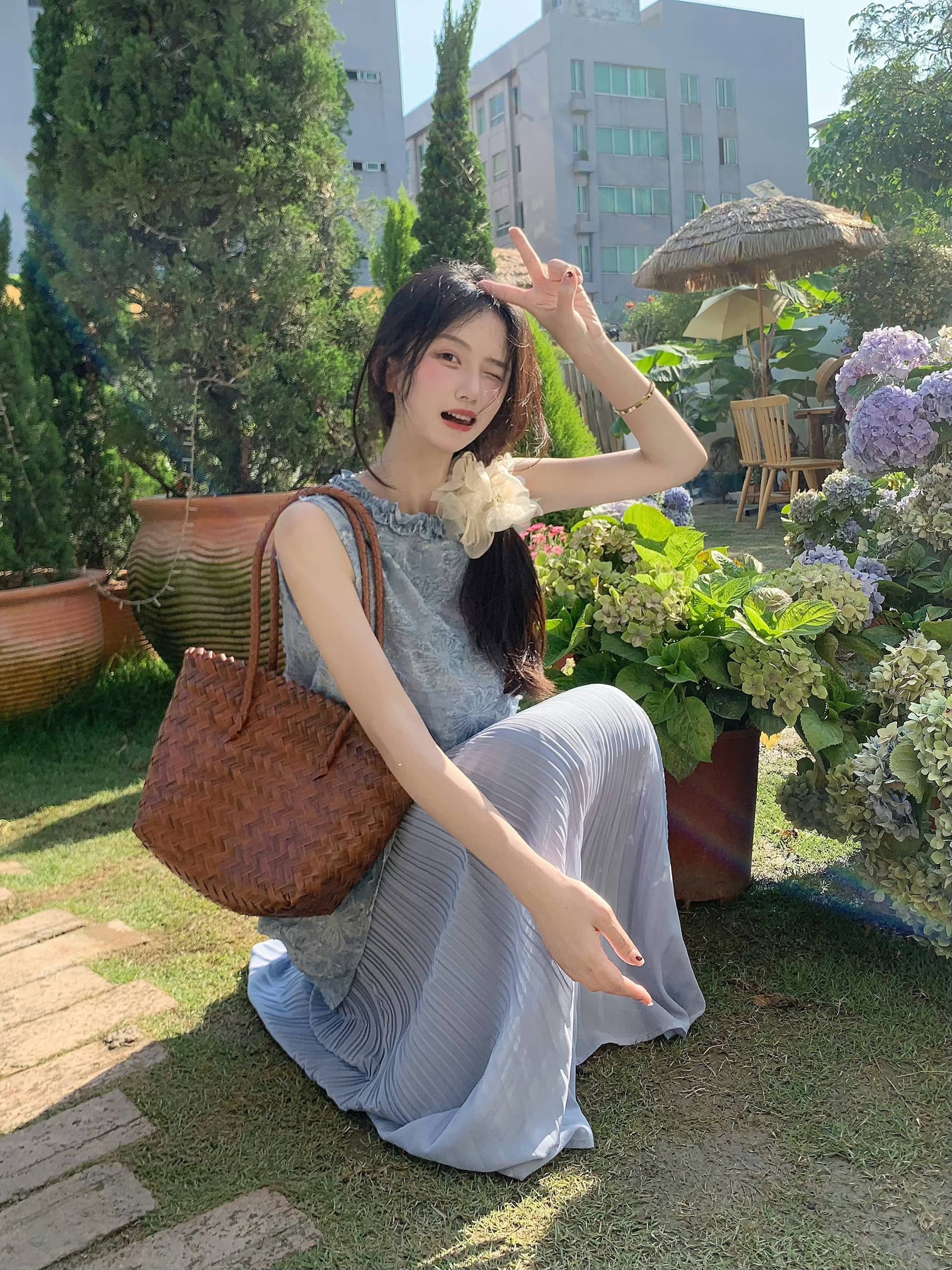실사 프랑스식 휴가 바람 페이크 레이어드 패치워크 롱 스커트 민소매 드레스 상세 이미지 6