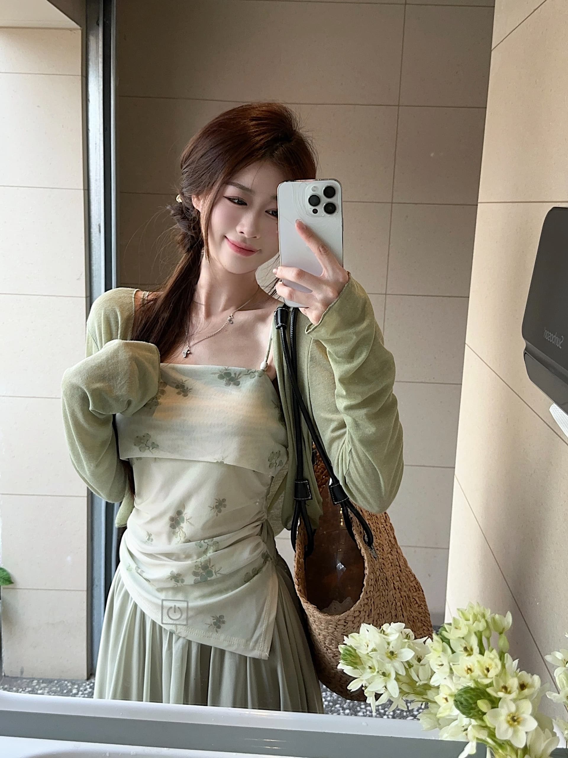 실사 레트로 프린트 불규칙 슬립 얇은 스타일 자외선 차단 오픈 가디건 반신 롱 스커트 녹색 3종 세트 세트