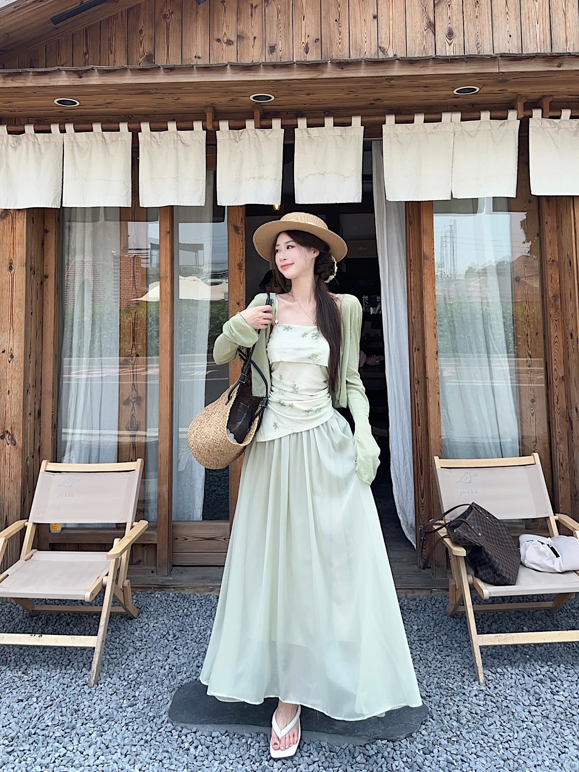 실사 레트로 프린트 불규칙 슬립 얇은 스타일 자외선 차단 오픈 가디건 반신 롱 스커트 녹색 3종 세트 세트 상세 이미지 5