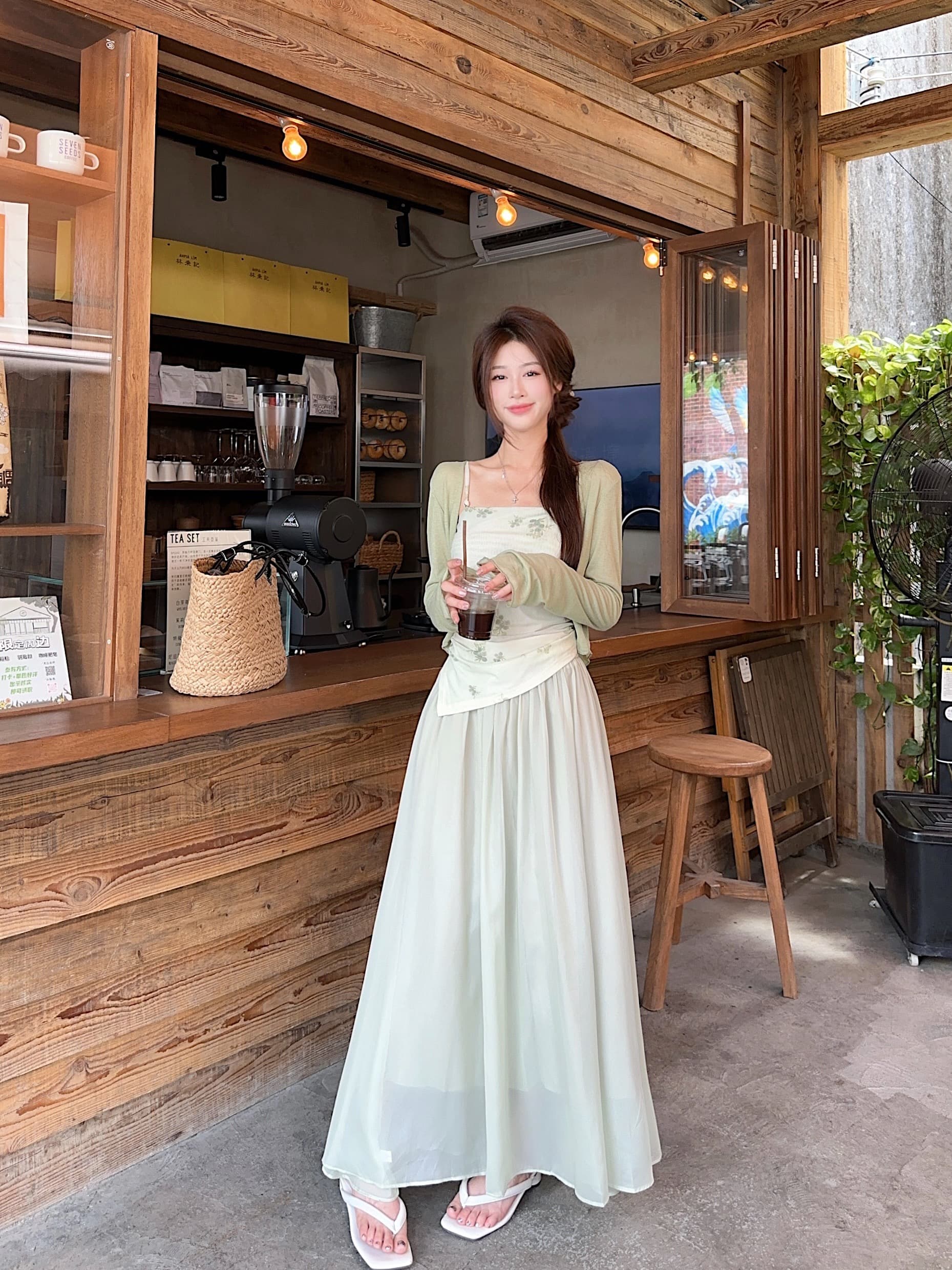 실사 레트로 프린트 불규칙 슬립 얇은 스타일 자외선 차단 오픈 가디건 반신 롱 스커트 녹색 3종 세트 세트 상세 이미지 16