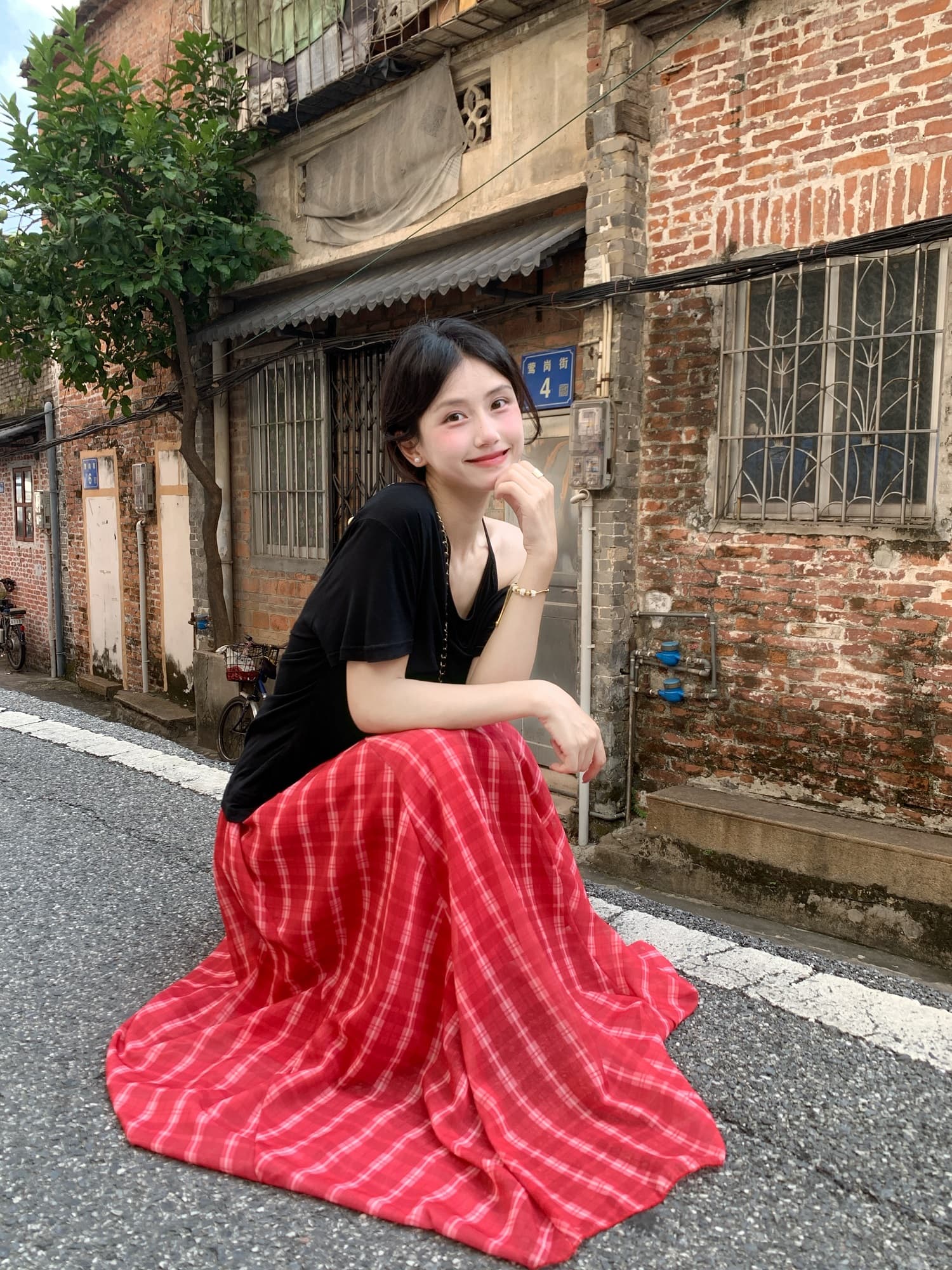 실사 레트로 빨간색 체크무늬 허리밴드 큰 진자 반신 롱 스커트 상세 이미지 1