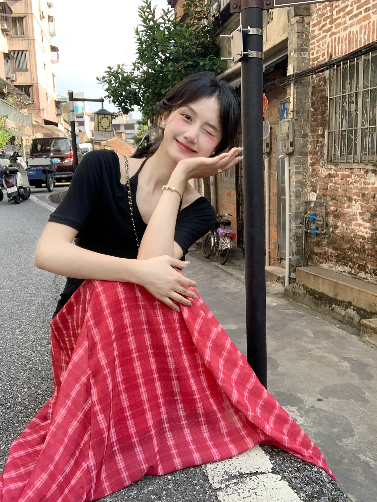 실사 레트로 빨간색 체크무늬 허리밴드 큰 진자 반신 롱 스커트 상세 이미지 2