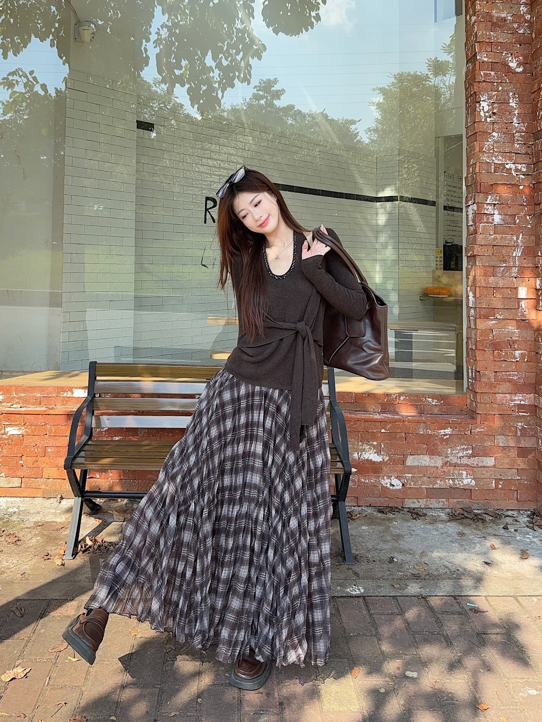 실사 정가 새로운 비즈 박기 페이크 레이어드 니트 스웨터 레트로 체크무늬 플리츠 디자인 센스 반신 롱 스커트 상세 이미지 12