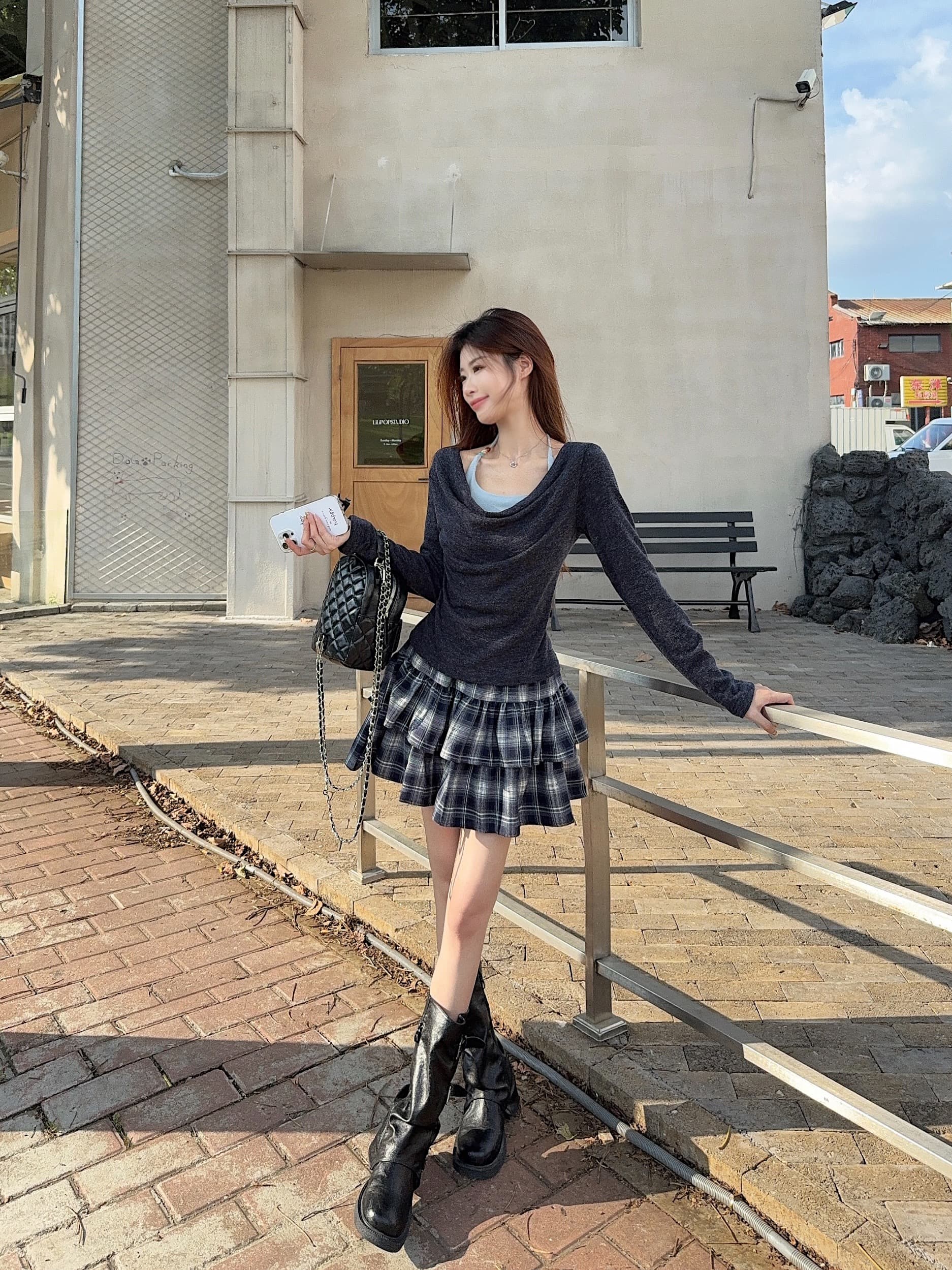 실사 가을 새로운 패치워크 색상 페이크 레이어드 긴팔 티셔츠 체크무늬 하이웨이스트 케이크 드레스 퍼프 반신 스커트 이미지 4