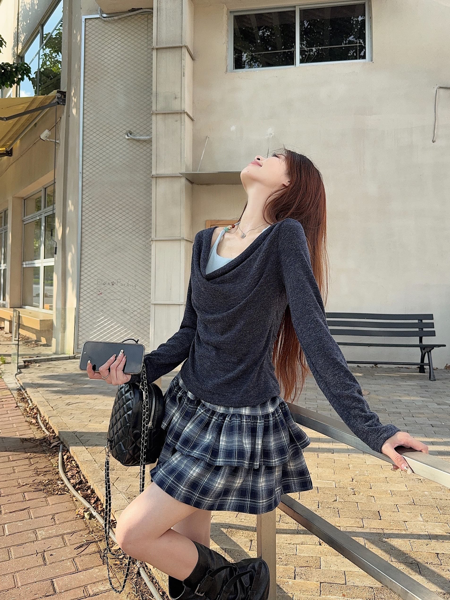 실사 가을 새로운 패치워크 색상 페이크 레이어드 긴팔 티셔츠 체크무늬 하이웨이스트 케이크 드레스 퍼프 반신 스커트 상세 이미지 6