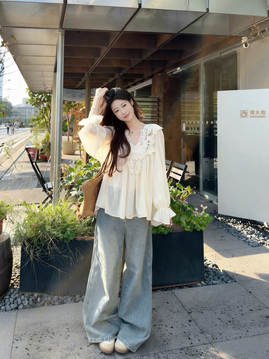 실사 무거운 작업 레이스 조각 느긋한 바람 쉬폰 블라우스 작은 대중 셔츠 이미지 4