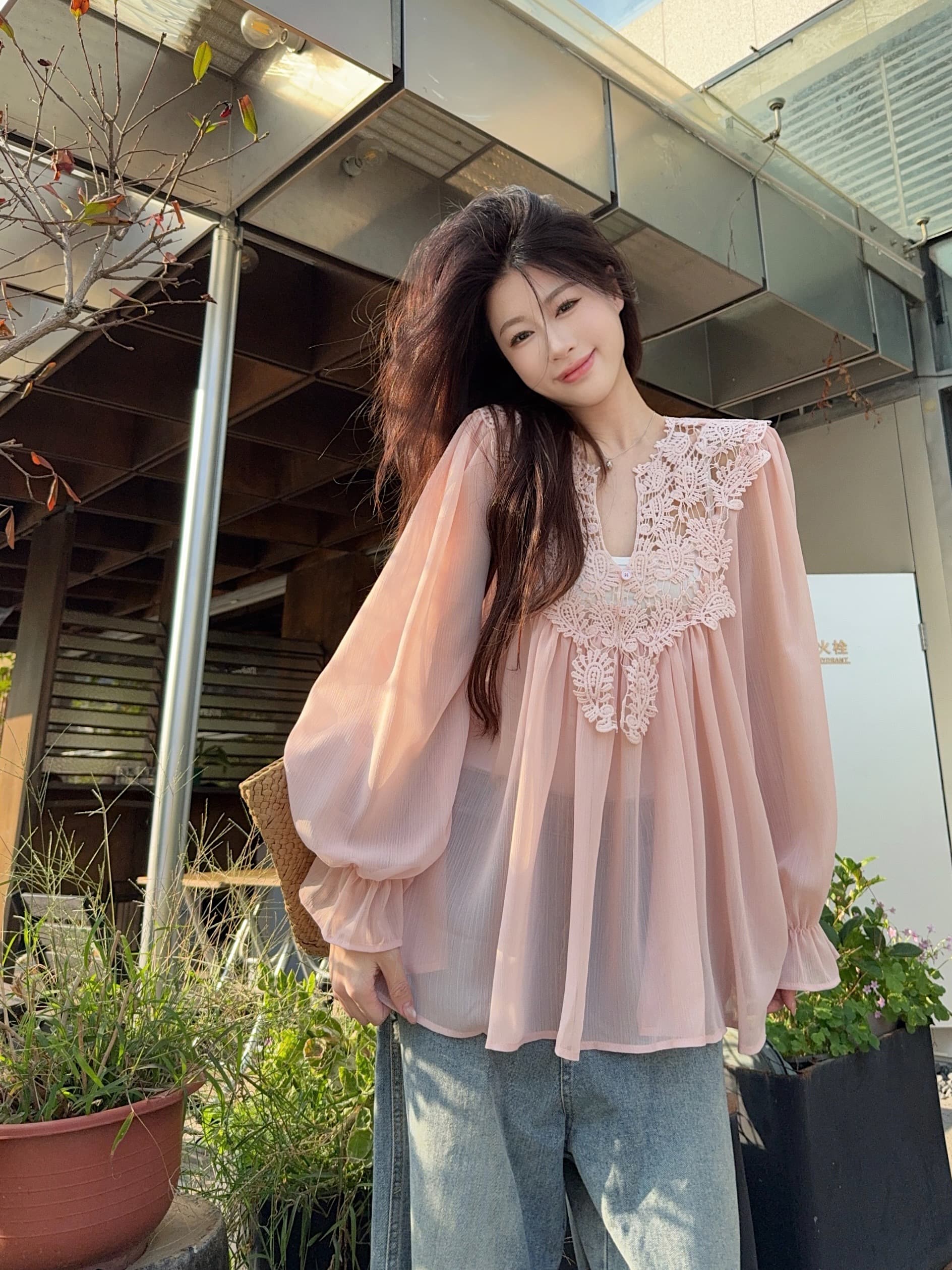 실사 무거운 작업 레이스 조각 느긋한 바람 쉬폰 블라우스 작은 대중 셔츠 상세 이미지 14