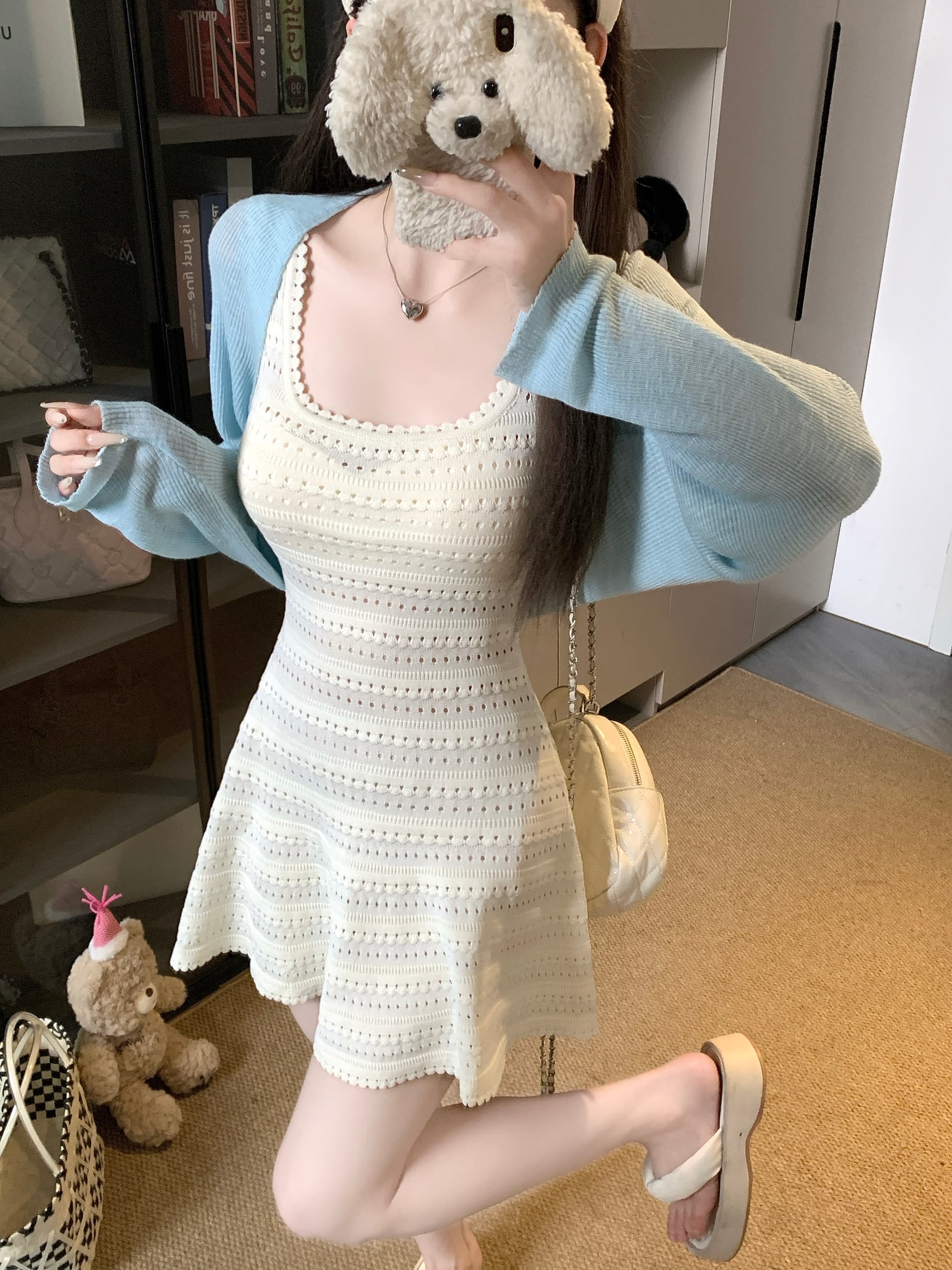 실사 정가 한 부서 부드러운 소녀 슬립 드레스 국방 사이 오픈 가디건 작은 키 허리 수축 슬림해 보이는 드레스 이미지 4