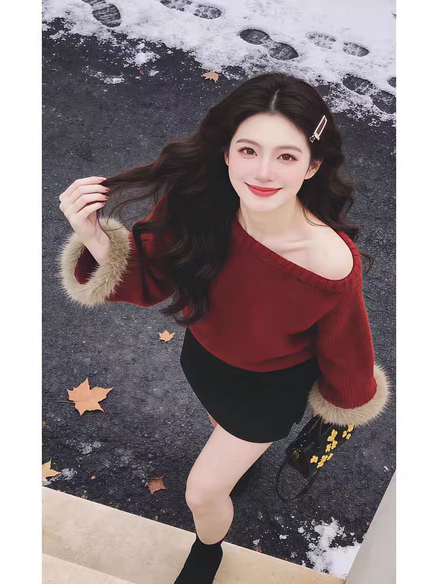빨간색 신년 착용 가져 가라. 비스듬한 칼라 부드러운 찹쌀 모피 커프스 패치워크 디자인 센스 맨위 겨울 소녀 다용도 루즈핏 맨위 여성 이미지 3