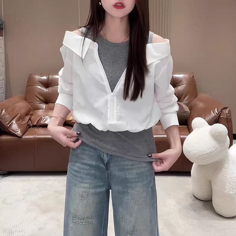 봄 새로운 페이크 레이어드 다용도 조끼 오프숄더 패치워크 셔츠 2026 슬림해 보이는 다용도 디자인 센스 맨위 여성