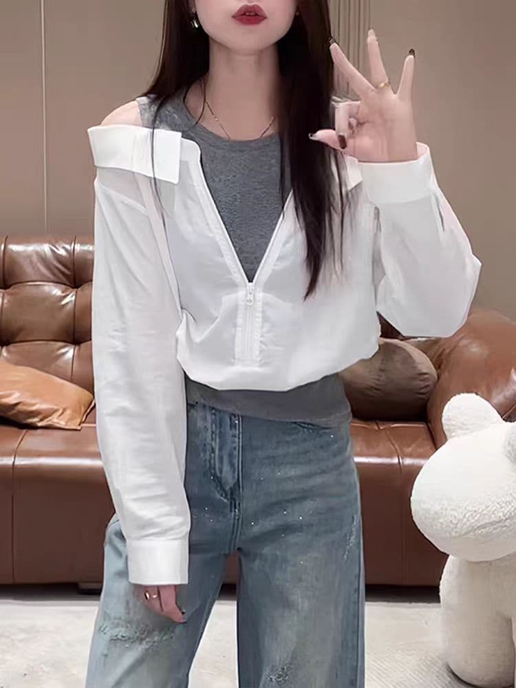 봄 새로운 페이크 레이어드 다용도 조끼 오프숄더 패치워크 셔츠 2026 슬림해 보이는 다용도 디자인 센스 맨위 여성 상세 이미지 2