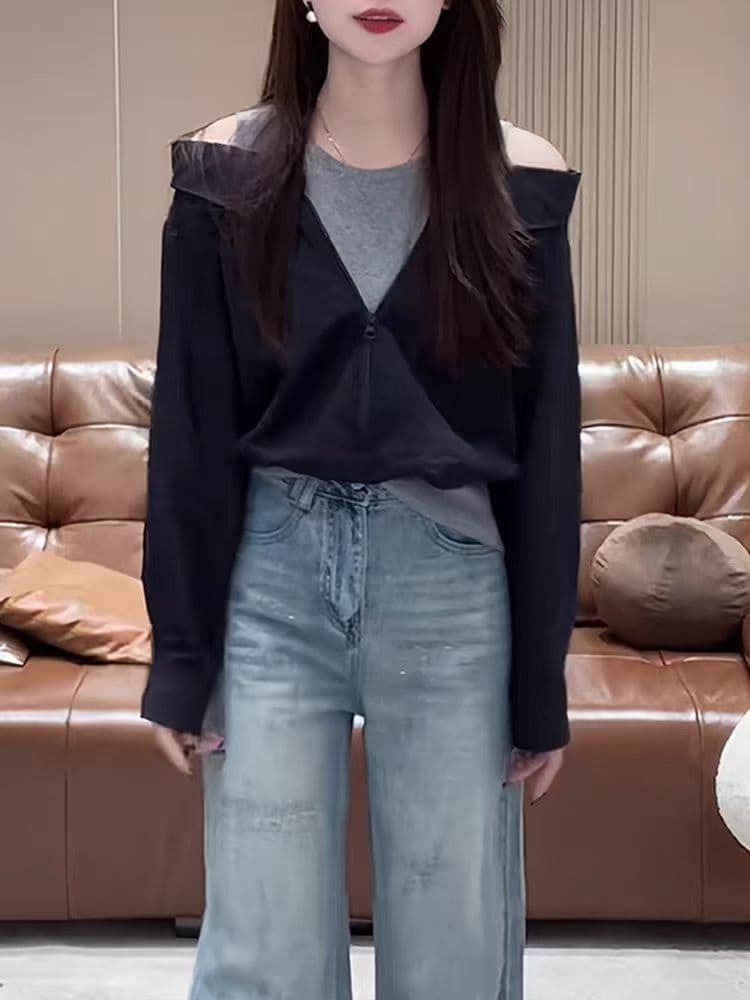 봄 새로운 페이크 레이어드 다용도 조끼 오프숄더 패치워크 셔츠 2026 슬림해 보이는 다용도 디자인 센스 맨위 여성 상세 이미지 4