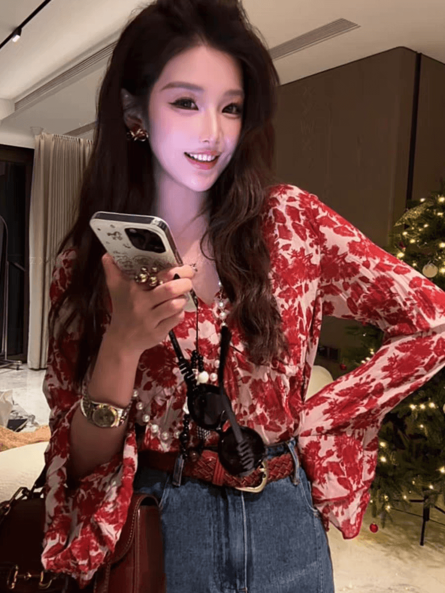 레트로 꽃무늬 나팔 소매 자외선 차단 시폰 셔츠 여성 여름 새로운 고유 한 캐주얼 루즈핏 슬림해 보이는 다용도 작은 셔츠 맨위 이미지 3