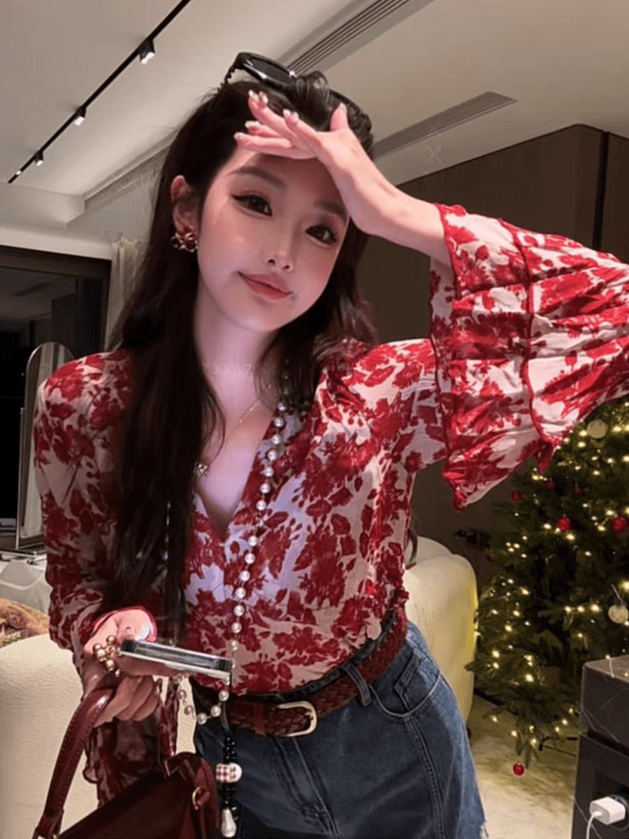 레트로 꽃무늬 나팔 소매 자외선 차단 시폰 셔츠 여성 여름 새로운 고유 한 캐주얼 루즈핏 슬림해 보이는 다용도 작은 셔츠 맨위 상세 이미지 3