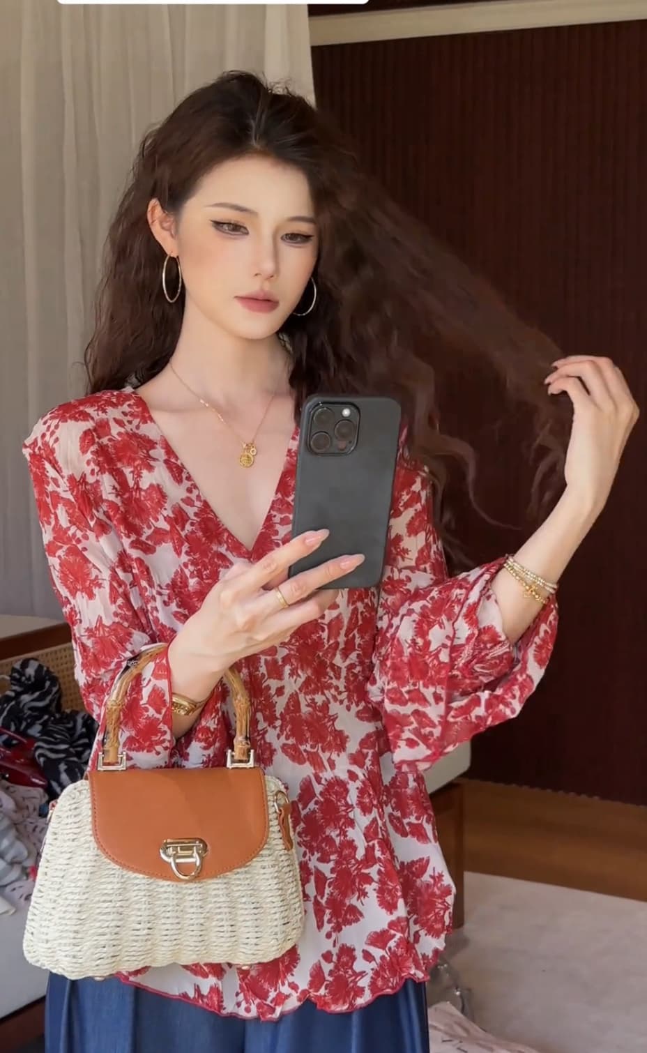 레트로 꽃무늬 나팔 소매 자외선 차단 시폰 셔츠 여성 여름 새로운 고유 한 캐주얼 루즈핏 슬림해 보이는 다용도 작은 셔츠 맨위 상세 이미지 7