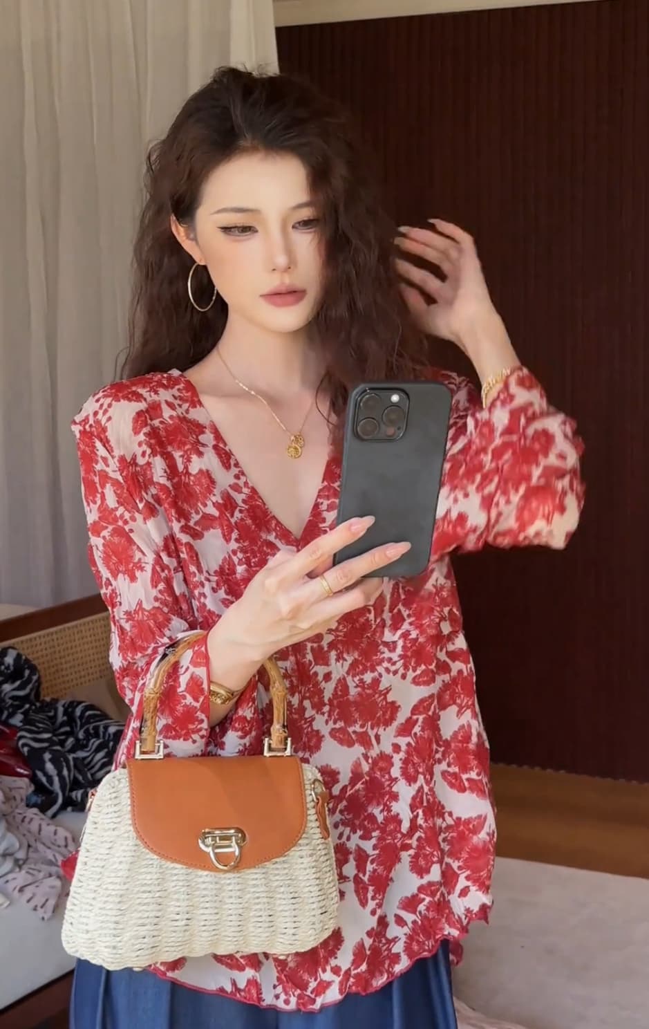 레트로 꽃무늬 나팔 소매 자외선 차단 시폰 셔츠 여성 여름 새로운 고유 한 캐주얼 루즈핏 슬림해 보이는 다용도 작은 셔츠 맨위 상세 이미지 8