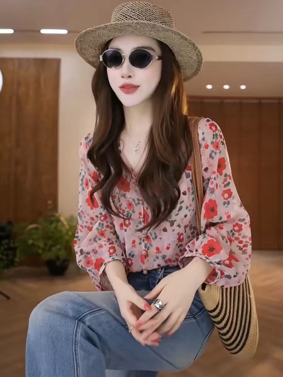 프랑스식 레트로 긴팔 꽃무늬 시폰 셔츠 여성 2026 새로운 루즈핏 외국 가스 Chic 허리 수축 슬림해 보이는 Chic 맨위 상세 이미지 1