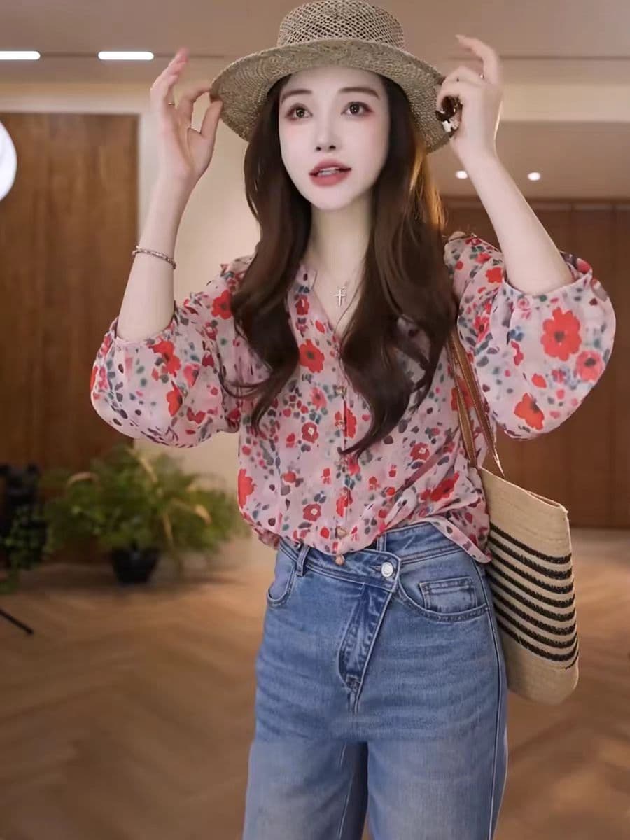 프랑스식 레트로 긴팔 꽃무늬 시폰 셔츠 여성 2026 새로운 루즈핏 외국 가스 Chic 허리 수축 슬림해 보이는 Chic 맨위 상세 이미지 3