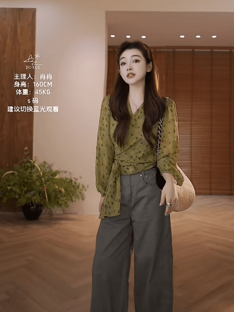 프랑스식 낭만주의 바람 꽃무늬 긴팔 여성 셔츠 여름 새로운 V넥 레이스업 허리 수축 루즈핏 맨위 여성 상세 이미지 3