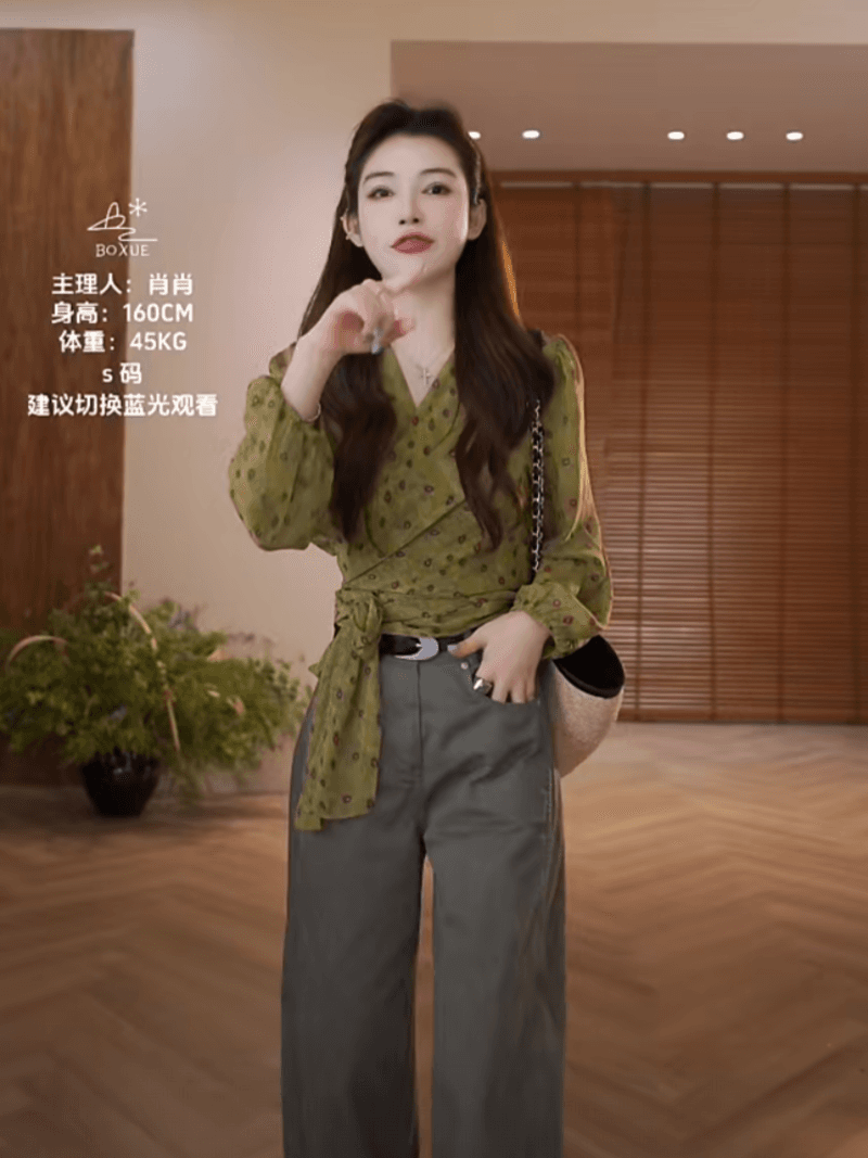 프랑스식 낭만주의 바람 꽃무늬 긴팔 여성 셔츠 여름 새로운 V넥 레이스업 허리 수축 루즈핏 맨위 여성 상세 이미지 4