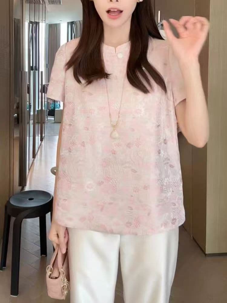 새로운 중식 국풍 핑크색 자카드 반팔 여성 셔츠 2026 여름 새로운 레트로 루즈핏 슬림해 보이는 Chic 맨위 이미지 5