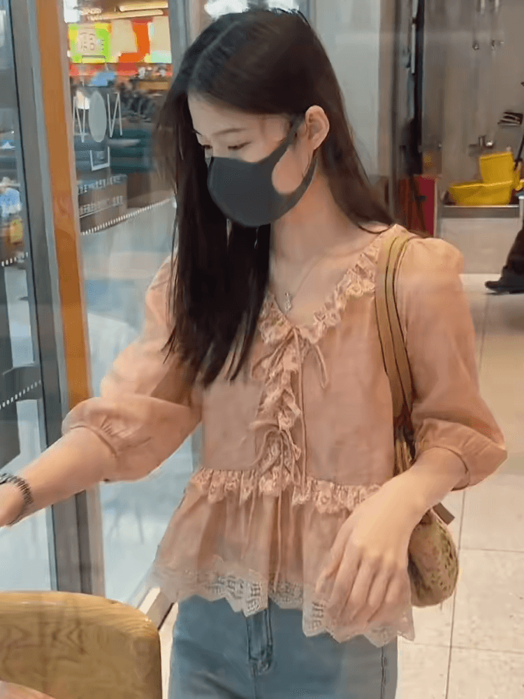 프랑스식 프릴 레이스 조각 레이스 업 셔츠 여름 디자인 센스 작은 대중 셔츠 프랑스식 사소한 아름다운 맨위 상세 이미지 2