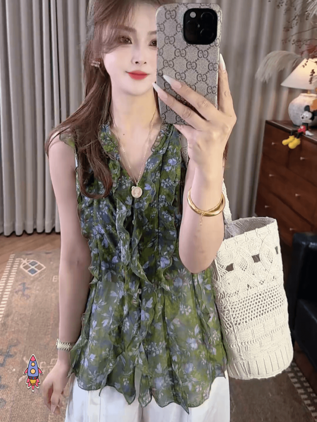 한국 스타일 레트로 프릴 꽃무늬 민소매 여성 셔츠 2026 여름 패션 외국 가스 쇼트 스타일 V넥 조끼 맨위 상세 이미지 7