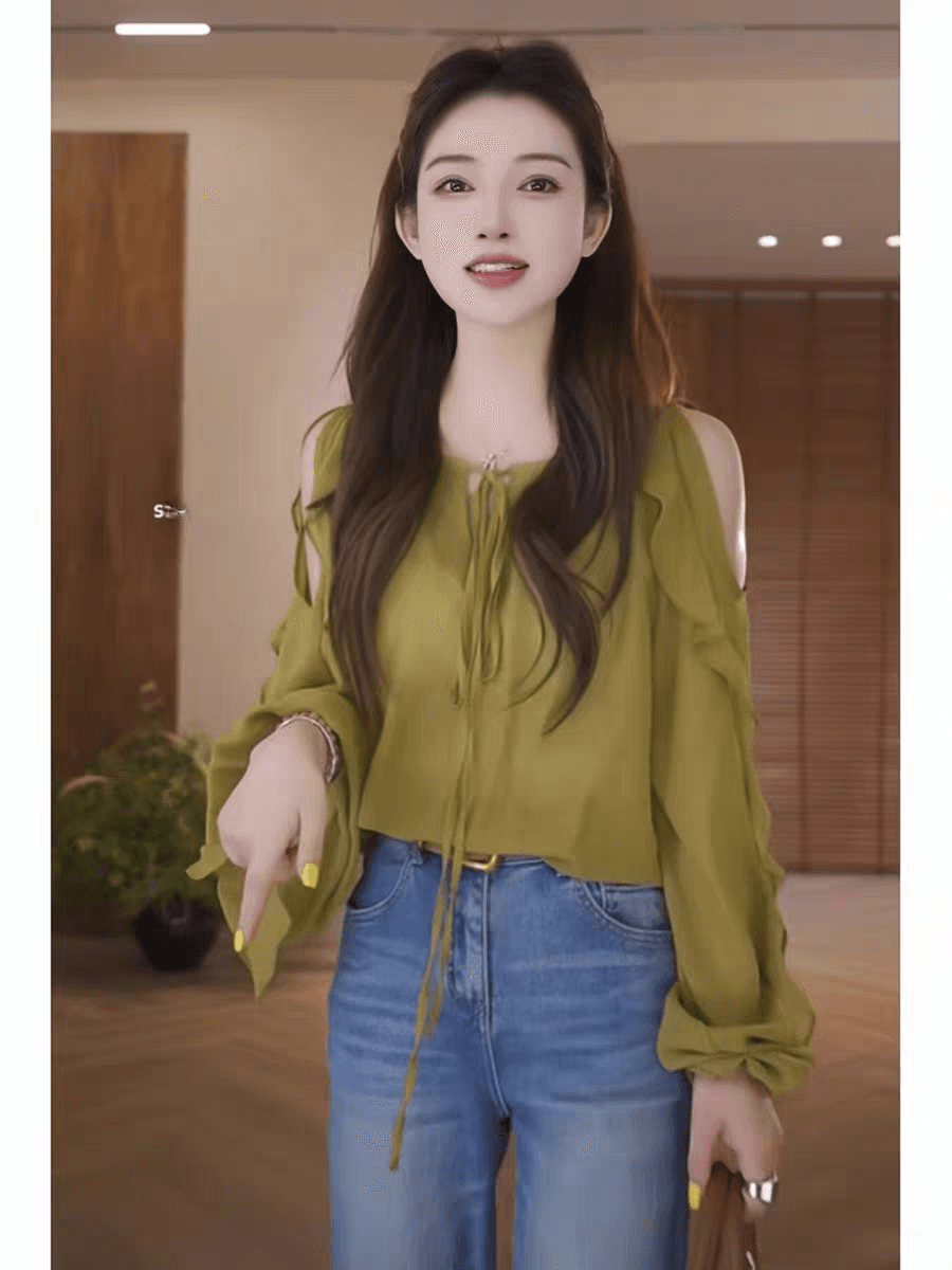 고유 한 슈퍼 잘 생긴 오프숄더 프릴 검정색 셔츠 여성 의류 2026 여름 V넥 얇은 스타일 자외선 차단 블라우스 맨위 상세 이미지 1