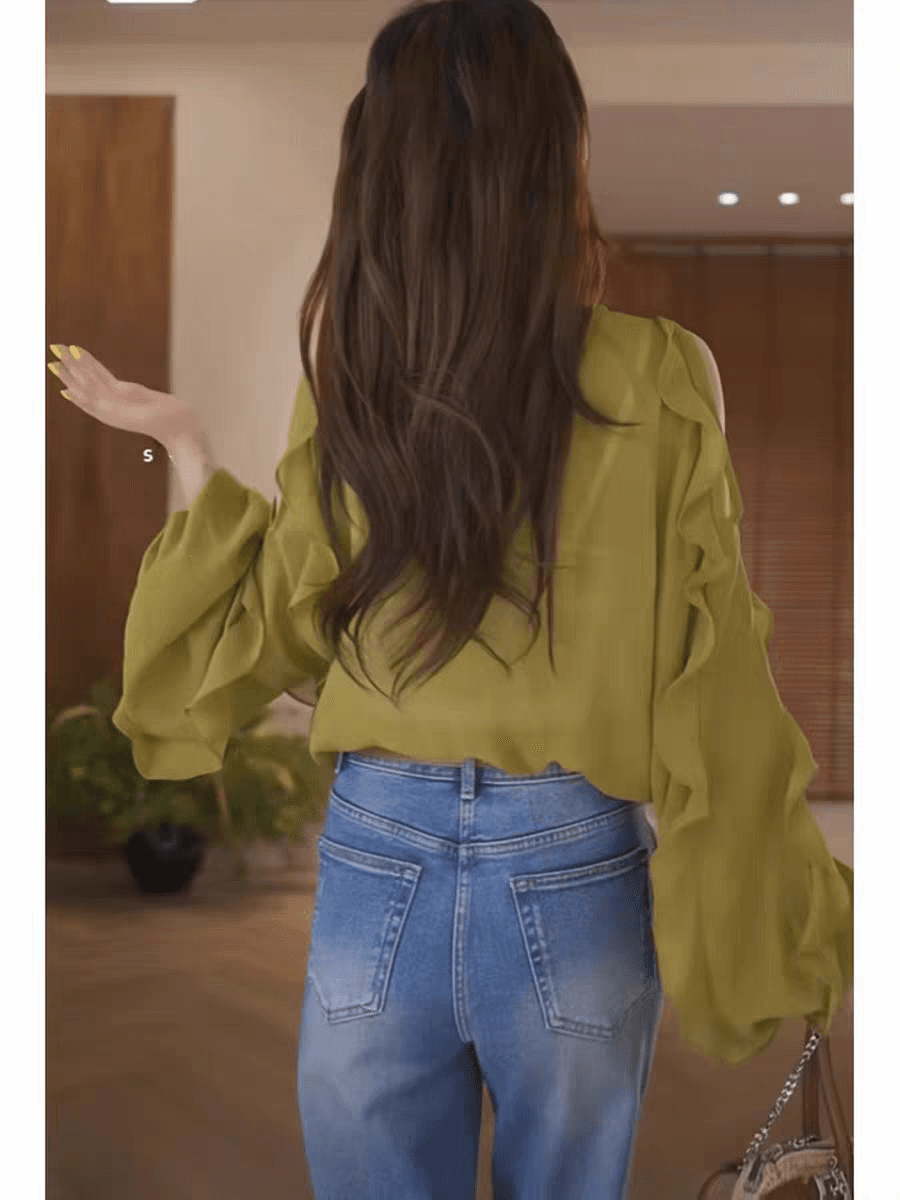고유 한 슈퍼 잘 생긴 오프숄더 프릴 검정색 셔츠 여성 의류 2026 여름 V넥 얇은 스타일 자외선 차단 블라우스 맨위 상세 이미지 3