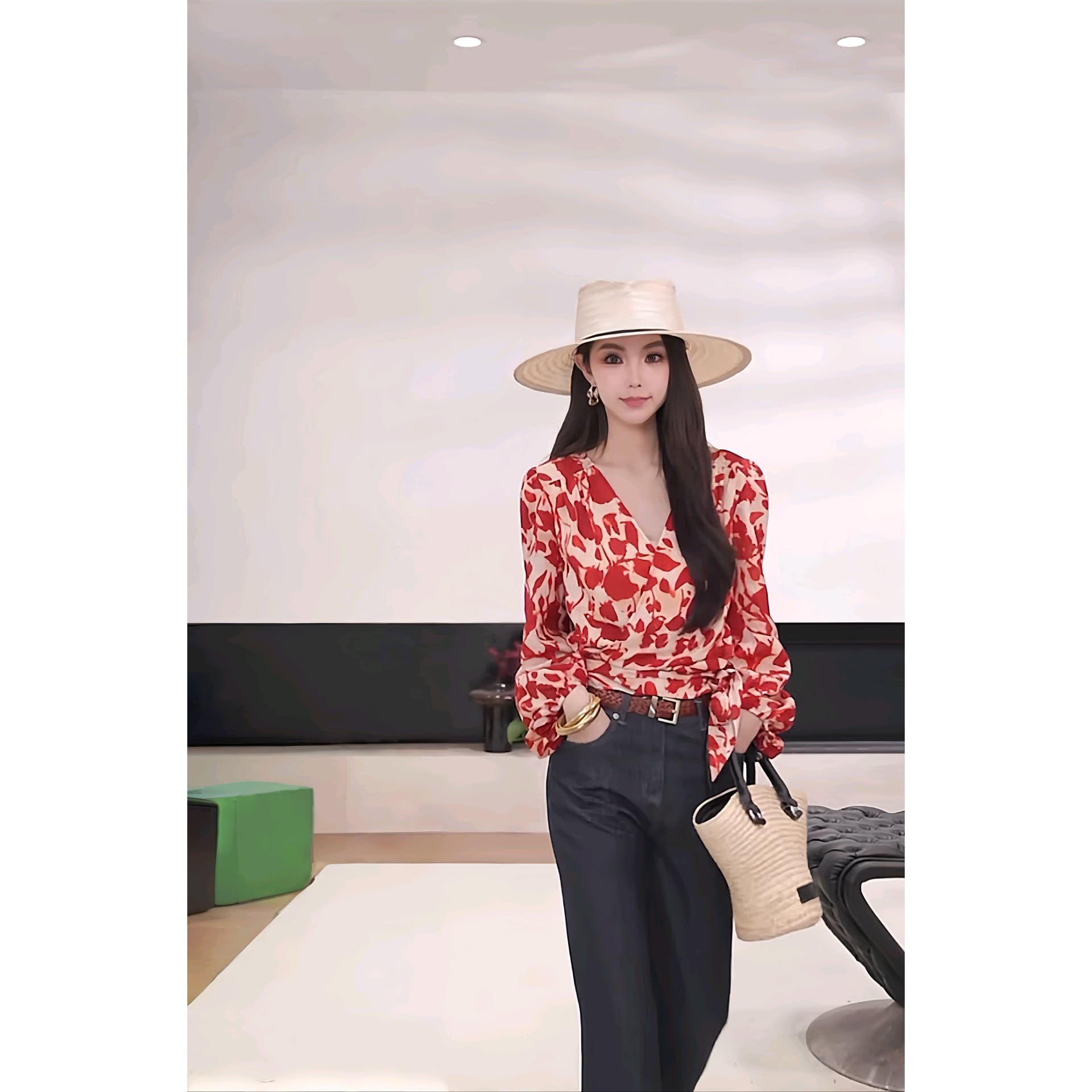 아메리칸 작은 키 항구 바람 세련된 외국 가스 긴팔 여성 셔츠 여름 섹션 빨간색 꽃무늬 V넥 7부 소매 맨위 이미지 6