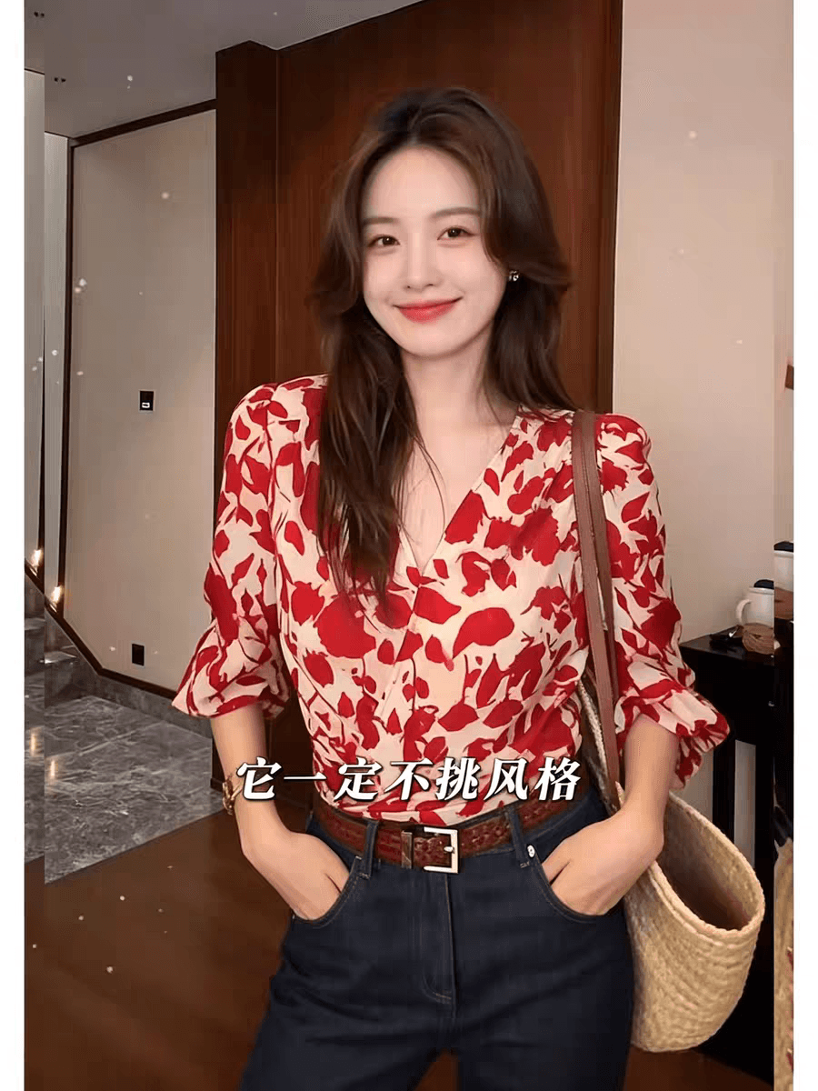 아메리칸 작은 키 항구 바람 세련된 외국 가스 긴팔 여성 셔츠 여름 섹션 빨간색 꽃무늬 V넥 7부 소매 맨위 상세 이미지 1
