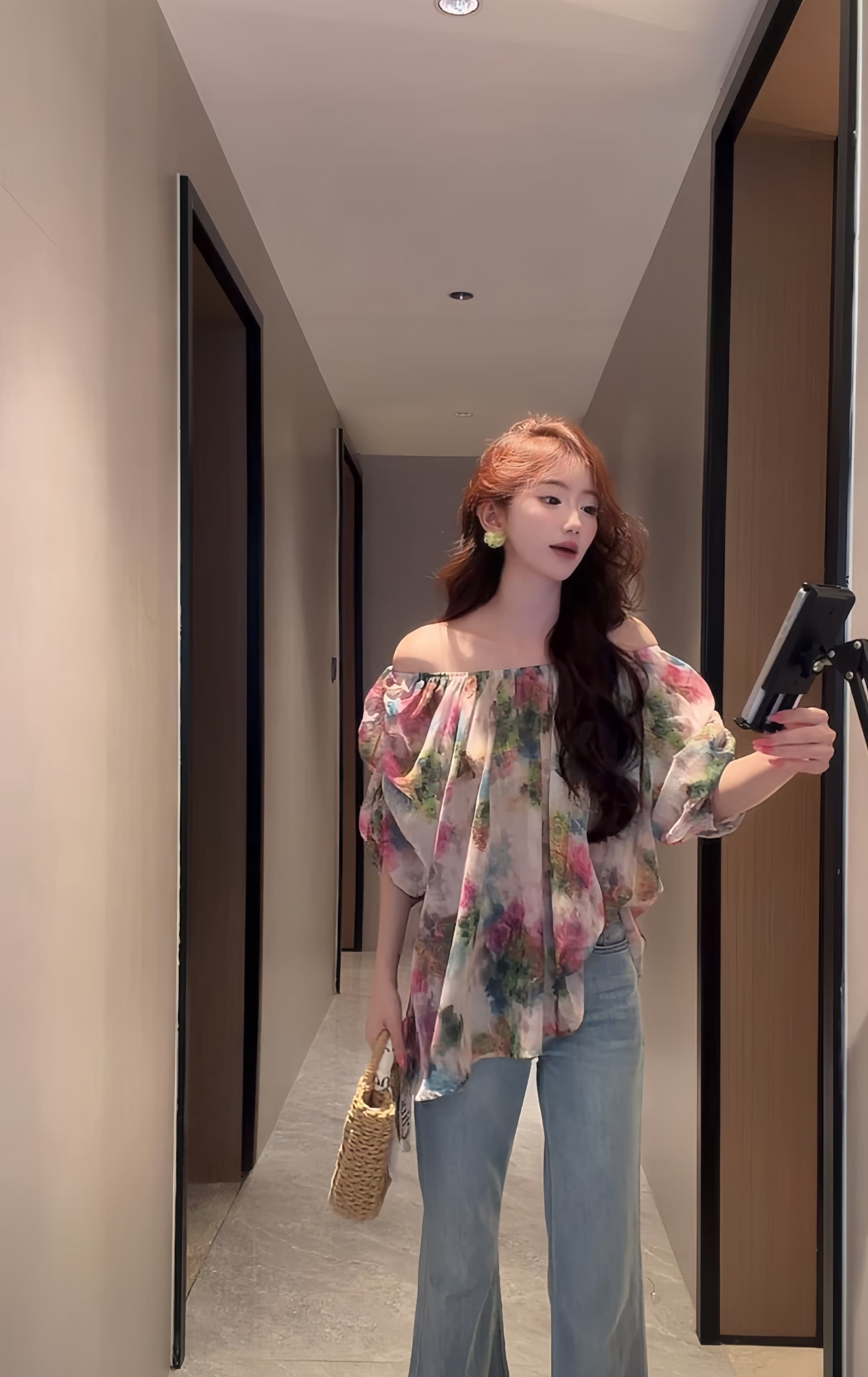 유럽 상품 패션 달콤함 보트넥 꽃무늬 거품 소매 시폰 셔츠 여성 여름 연령 감소 슬림해 보이는 품격 프린트 맨위 상세 이미지 1