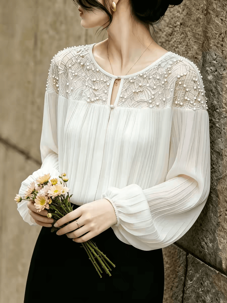 유럽 상품 고급 화이트 레이스 조각 비즈 박기 작은 셔츠 여성 2026 여름 새로운 빛 럭셔리 바람 긴팔 빅 사이즈 맨위 상세 이미지 3