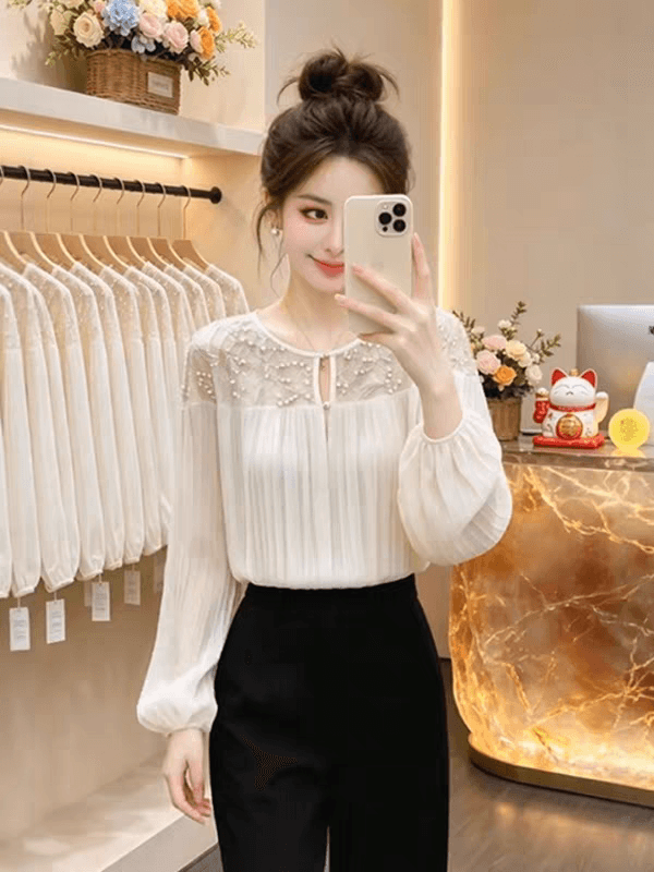 유럽 상품 고급 검정색 패치워크 레이스 주름 작은 셔츠 여성 2026 여름 새로운 빛 럭셔리 바람 긴팔 빅 사이즈 맨위 상세 이미지 2