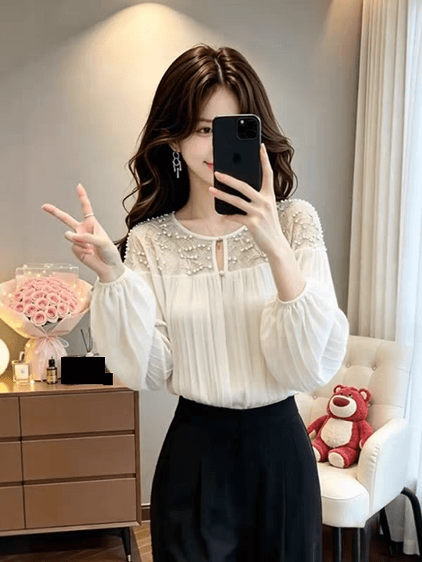 유럽 상품 고급 검정색 패치워크 레이스 주름 작은 셔츠 여성 2026 여름 새로운 빛 럭셔리 바람 긴팔 빅 사이즈 맨위 상세 이미지 4