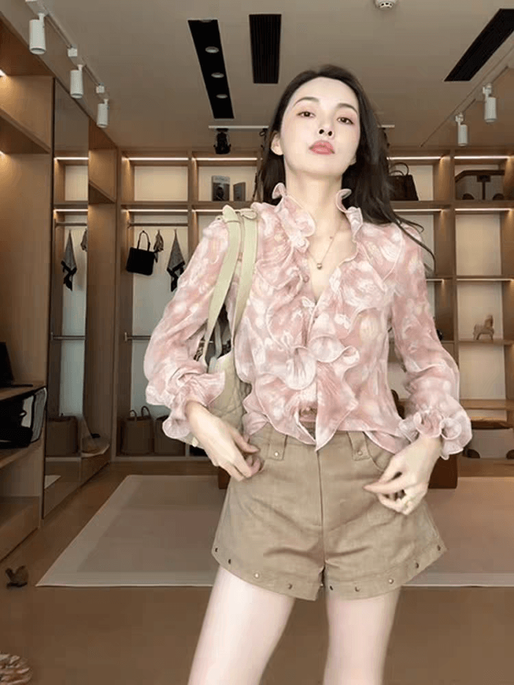홍콩 느낌 캐주얼 슬림해 보이는 프릴 프린트 셔츠 유럽 상품 2026 여름 새로운 품격 Chic 긴팔 맨위 트렌디 상세 이미지 2