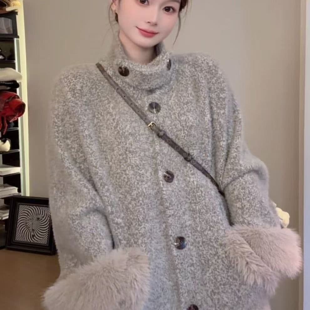 부유 한 가족 천 골드 센스 느긋한 부서 플리스 코트 여성 가을 겨울 스탠드 칼라 루즈핏 롱 코트 모직 외투 품격 다용도 상세 이미지 2