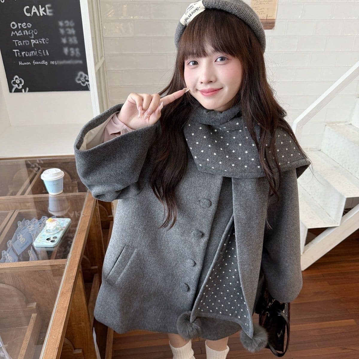 복합 400g 회색 망토 피 모직 여성 코트 다용도 두꺼운 루즈핏 한 부서 나만의 것을 가져와 라. 목도리 코트