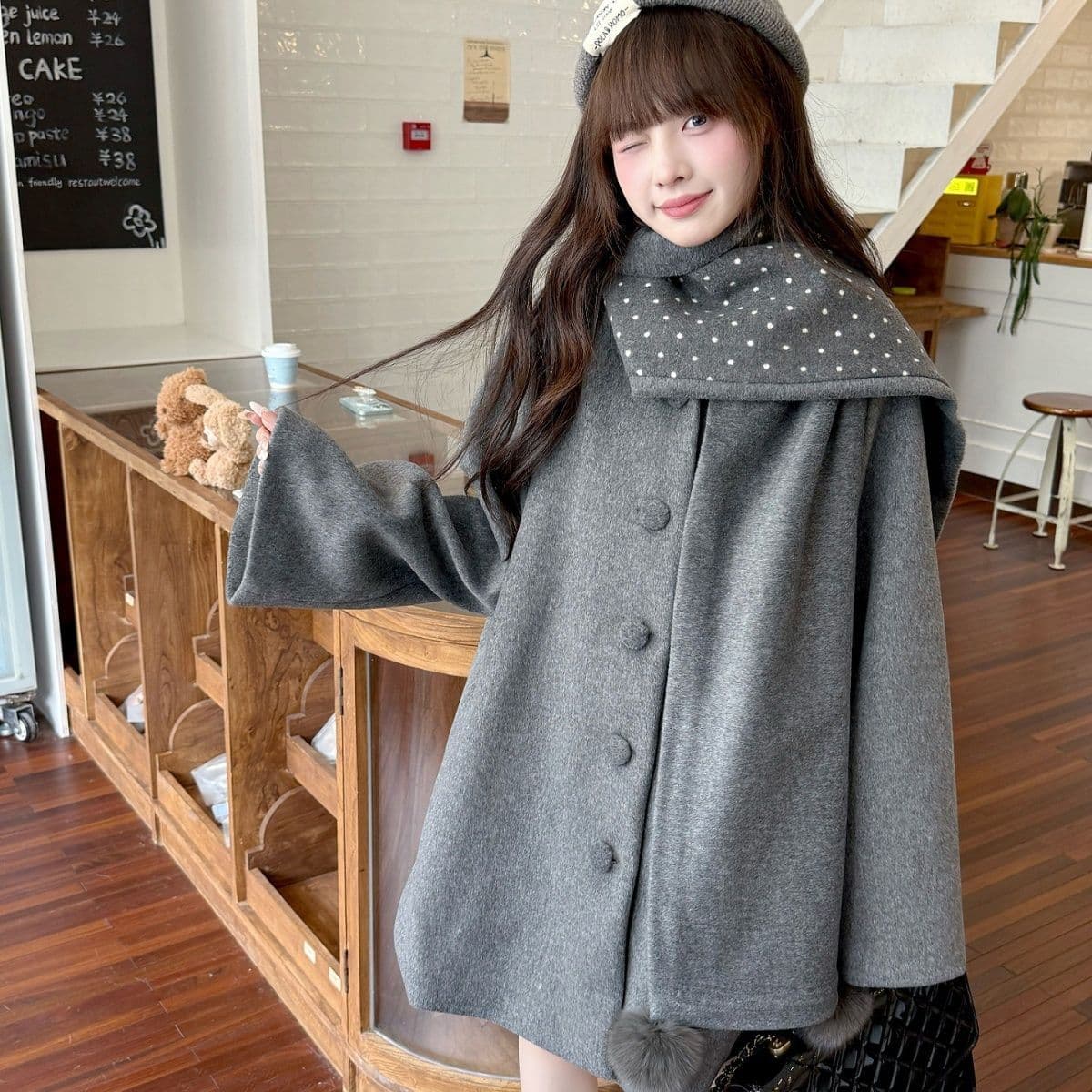 복합 400g 회색 망토 피 모직 여성 코트 다용도 두꺼운 루즈핏 한 부서 나만의 것을 가져와 라. 목도리 코트 상세 이미지 3