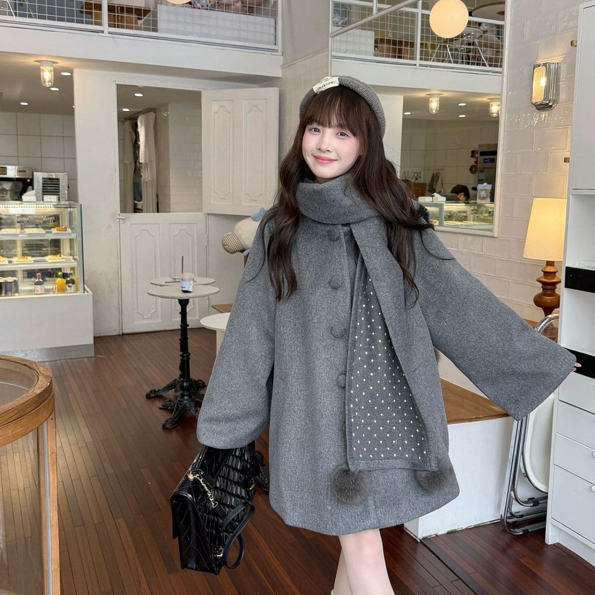 복합 400g 회색 망토 피 모직 여성 코트 다용도 두꺼운 루즈핏 한 부서 나만의 것을 가져와 라. 목도리 코트 상세 이미지 4